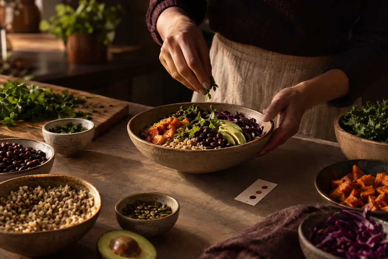 Hands preparing a meal with vegetables, beans and grains at home