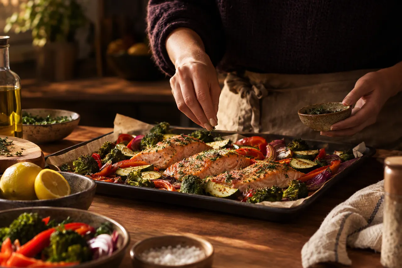 Hands preparing a salmon and vegetable meal at home