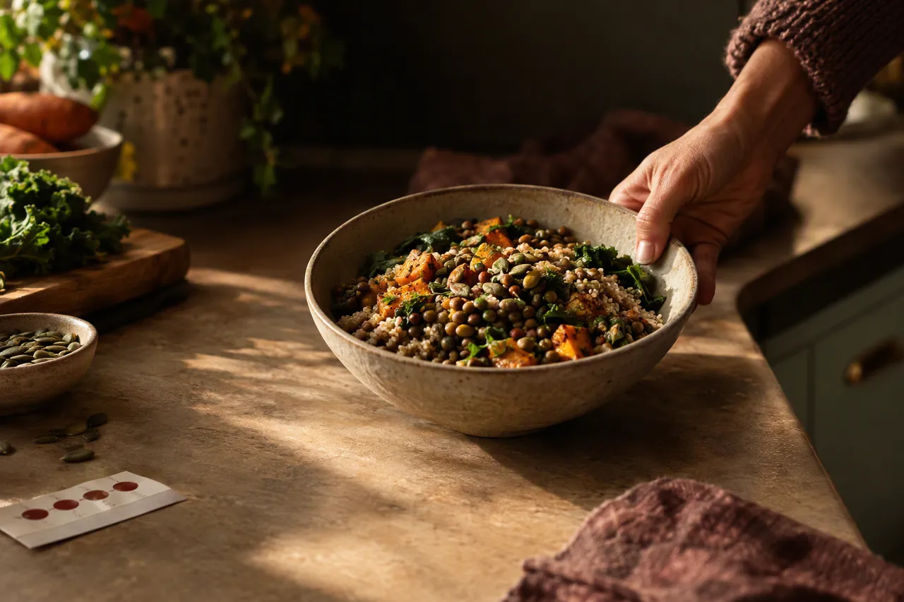 A bowl of lentils and grains beside a dried blood spot card