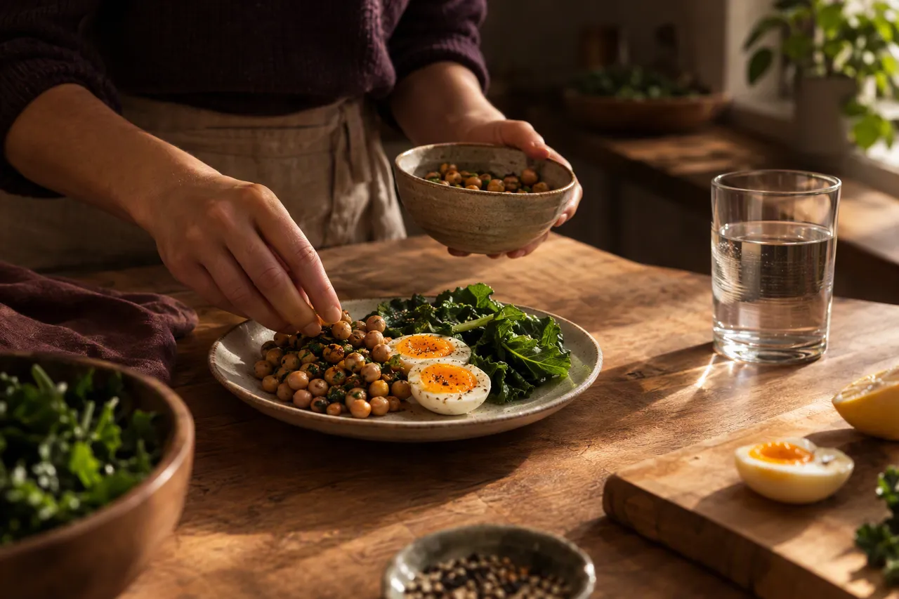 Hands preparing a simple meal with eggs, beans and greens