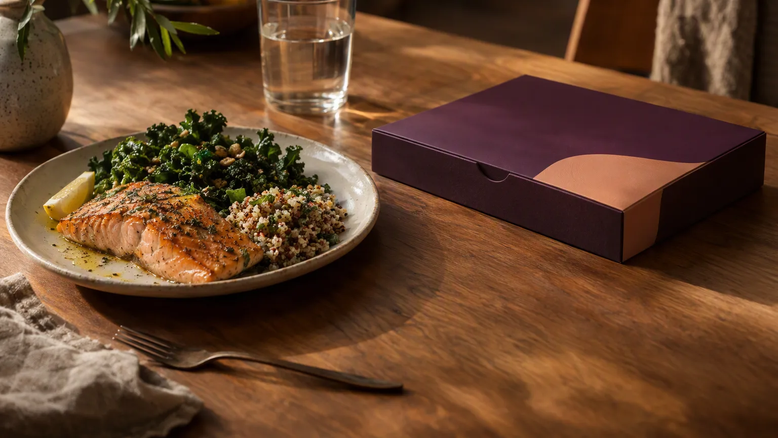 A home meal and an at-home nutrition test kit on a kitchen table