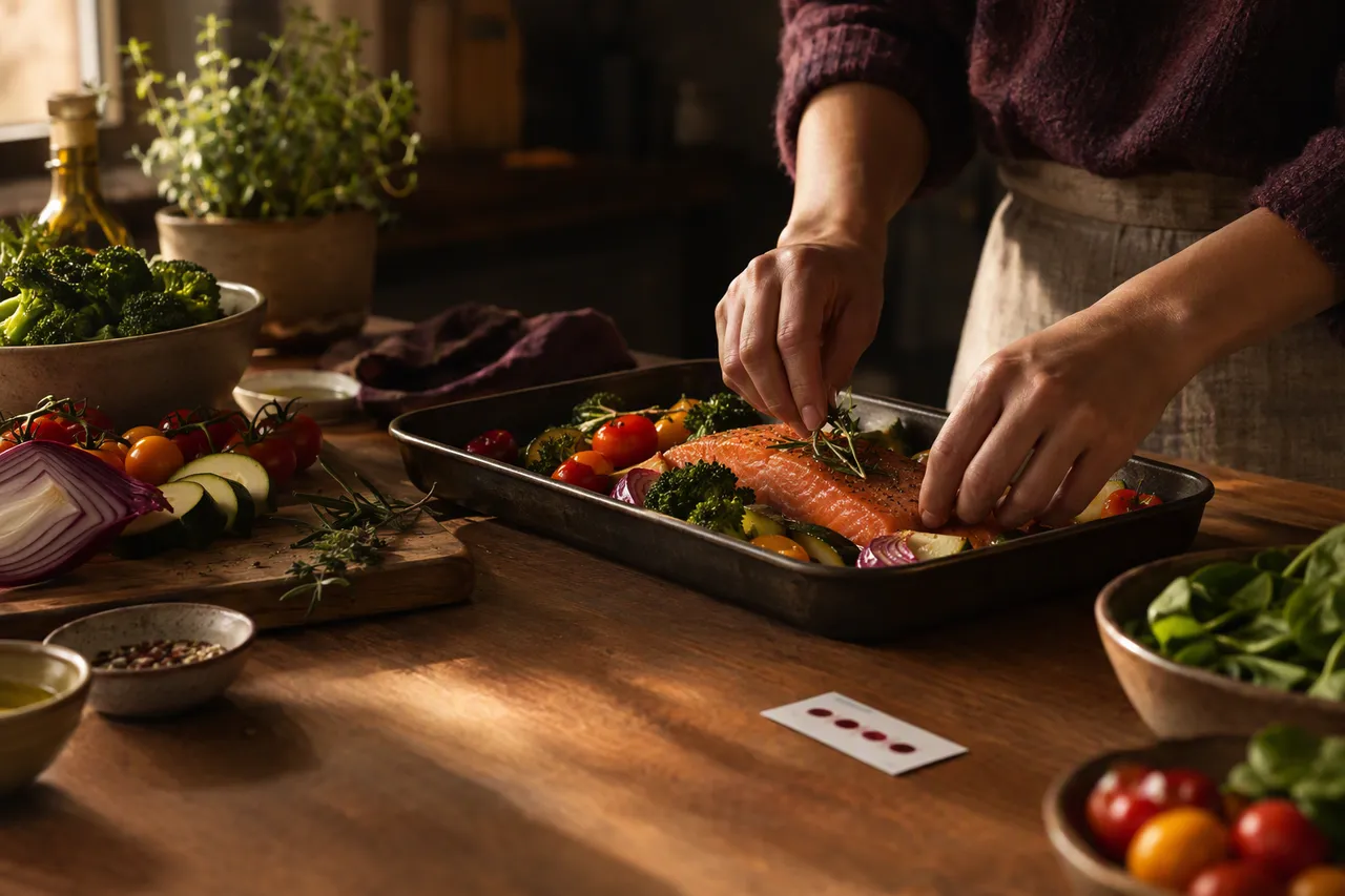 Hands preparing a salmon meal beside a discreet dried blood spot card