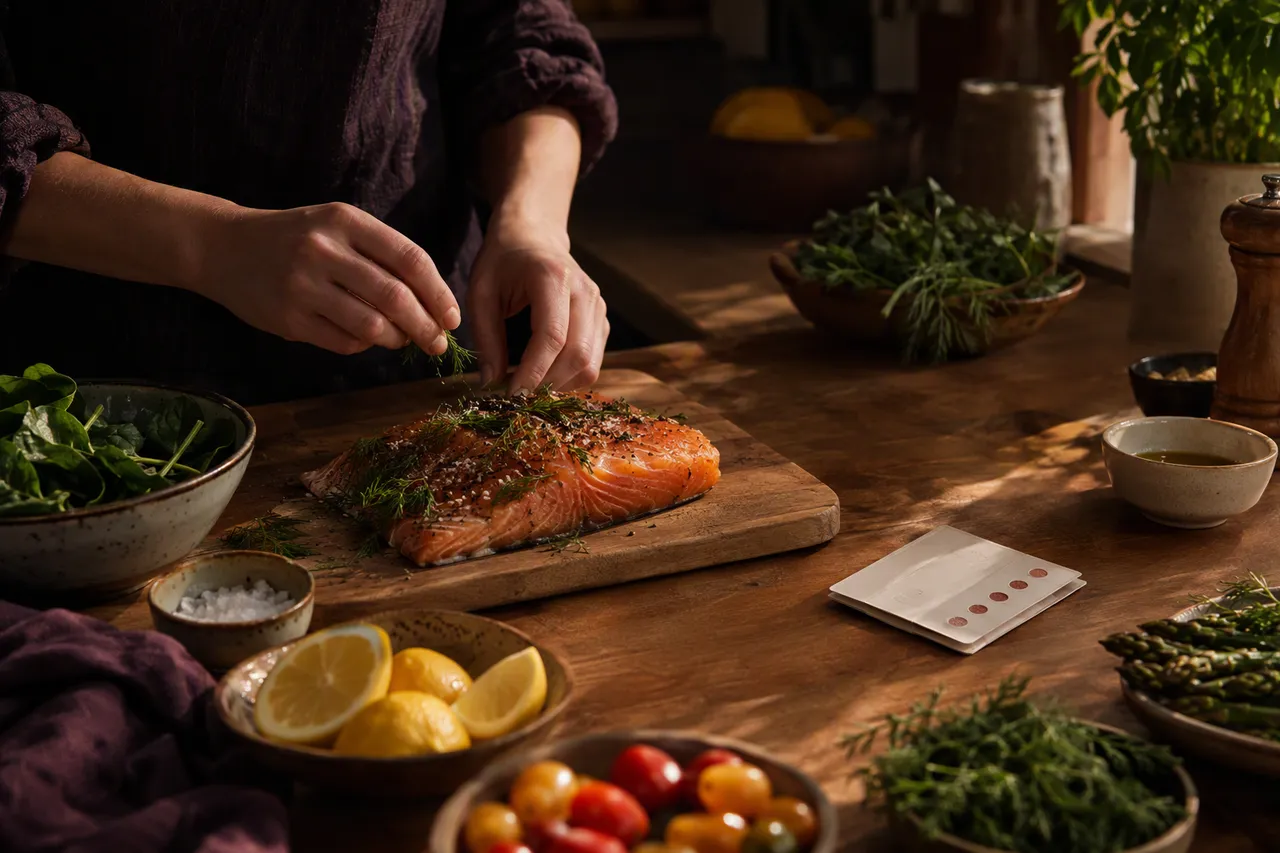 Hands preparing a fish meal beside a discreet dried blood spot card