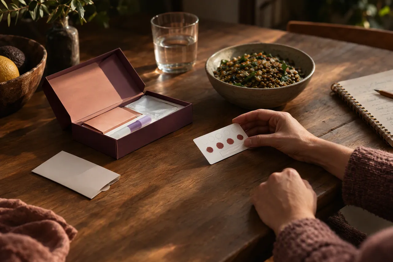 Hands beside a home nutrition test kit and dried blood spot card on a kitchen table