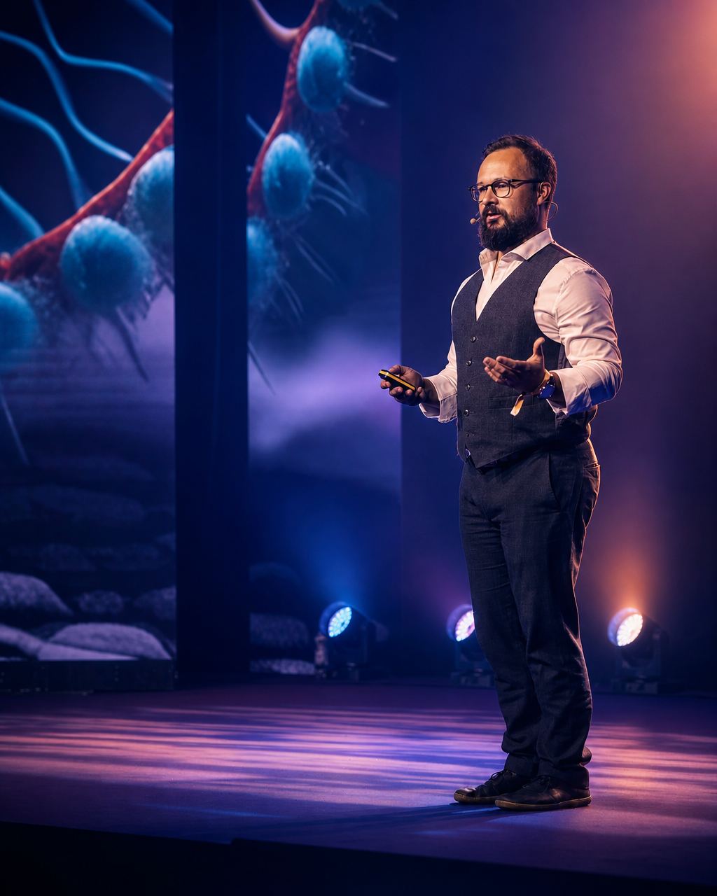 Speaker presenting at HOLOLIFE Summit in front of a backdrop of cell structures