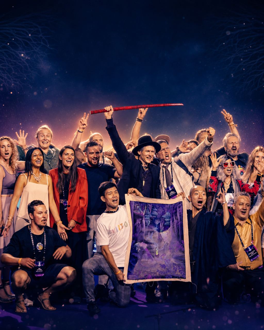 Attendees celebrating on stage at the closing of HOLOLIFE Summit in Amsterdam