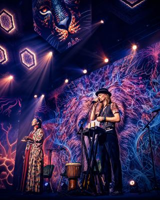 A vibrant performance with music and visuals at the HOLOLIFE Summit, showcasing artistic expression and community engagement.
