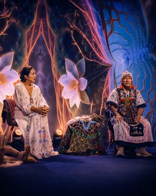 Two speakers discuss wellness practices against a vibrant, artistic backdrop during the HOLOLIFE Summit.
