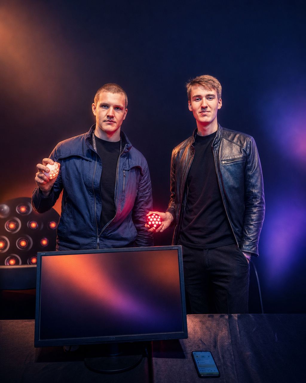 Two speakers demonstrating a light therapy device on stage at HOLOLIFE Summit