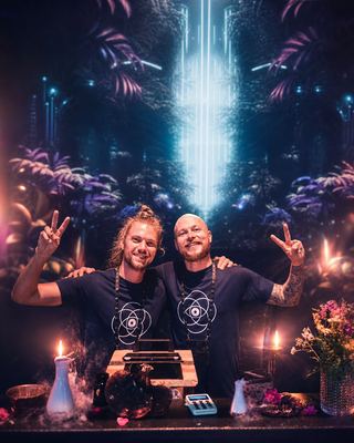 Two wellness practitioners pose with peace signs at their vibrant exhibition booth, showcasing the energy of the HOLOLIFE Summit.