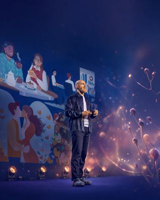 迫力あるビジュアルを背景にした講演