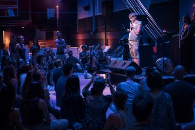 A speaker engages the audience in a participatory session at Biohacker Summit 2020 in Helsinki.