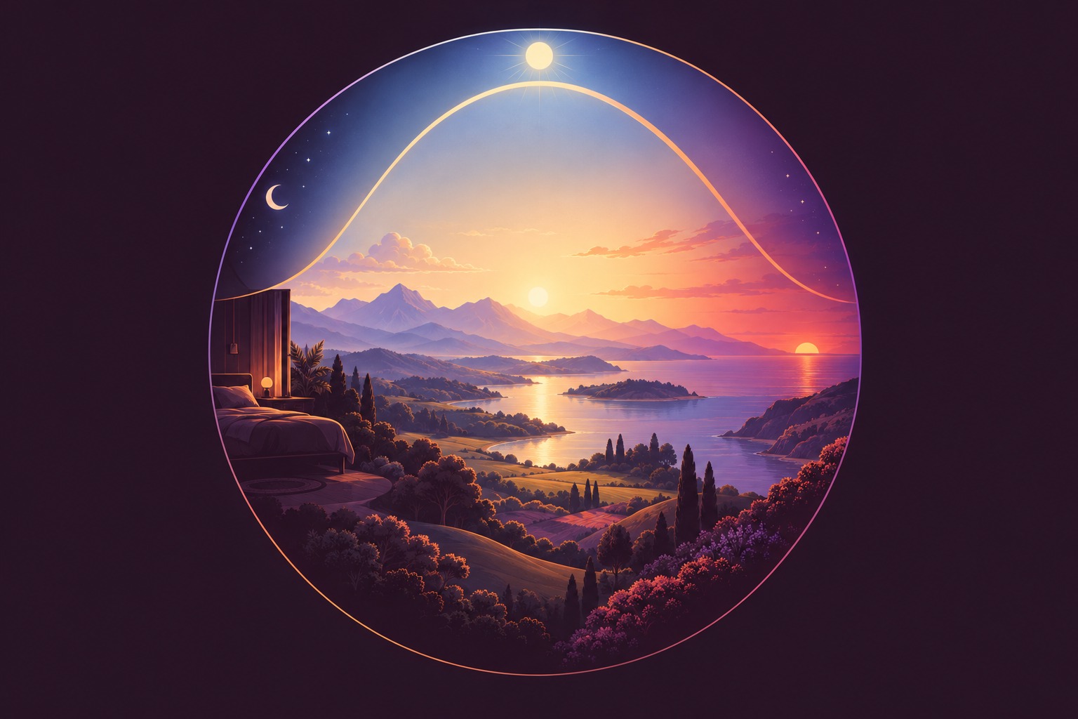 An amber curve rises near dawn and gradually falls toward evening across a day-to-night scene.