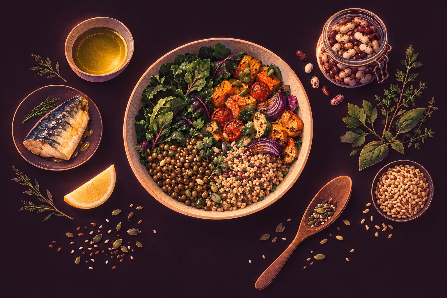 A bowl of greens, vegetables, lentils and grains surrounded by olive oil, fish, herbs and beans.