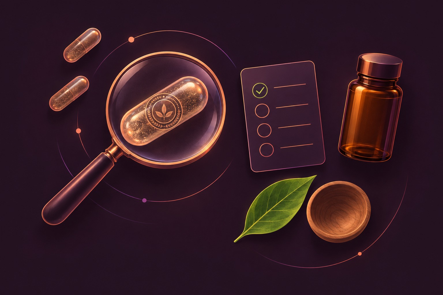 A magnifying glass inspecting a supplement capsule next to a checklist and an amber glass bottle.