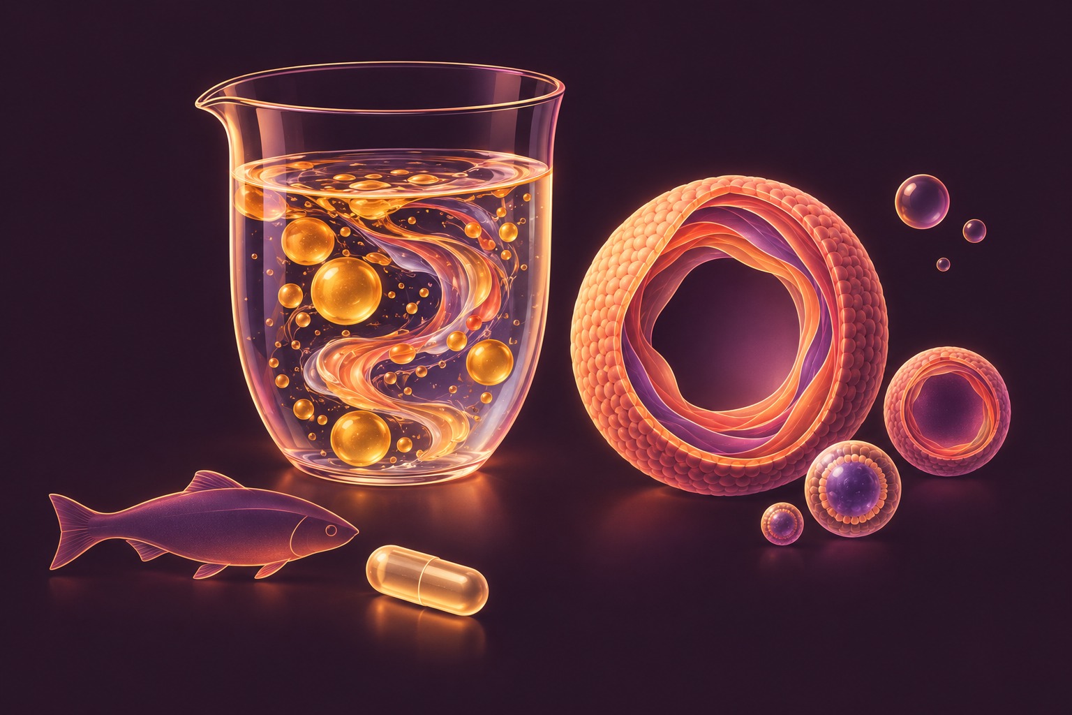 Oil droplets swirl beside cutaway bubble-like nutrient structures and a supplement capsule.