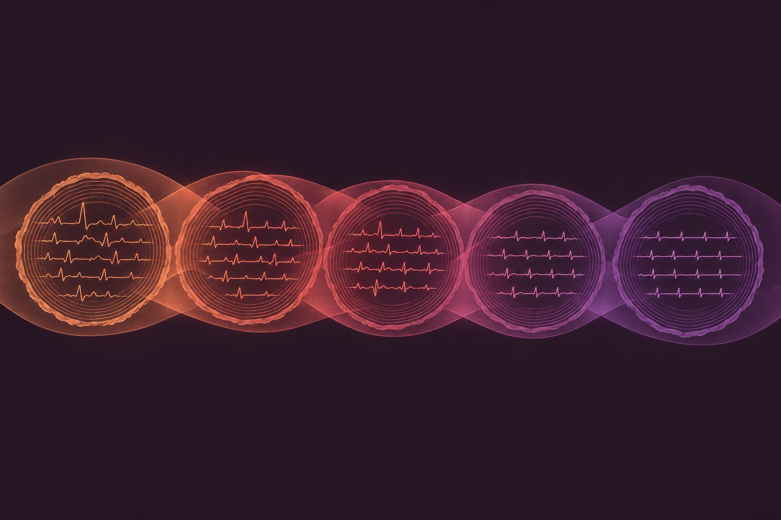Overlapping heartbeat trace clusters follow a gentle age-like progression, with varied readings at each stage.