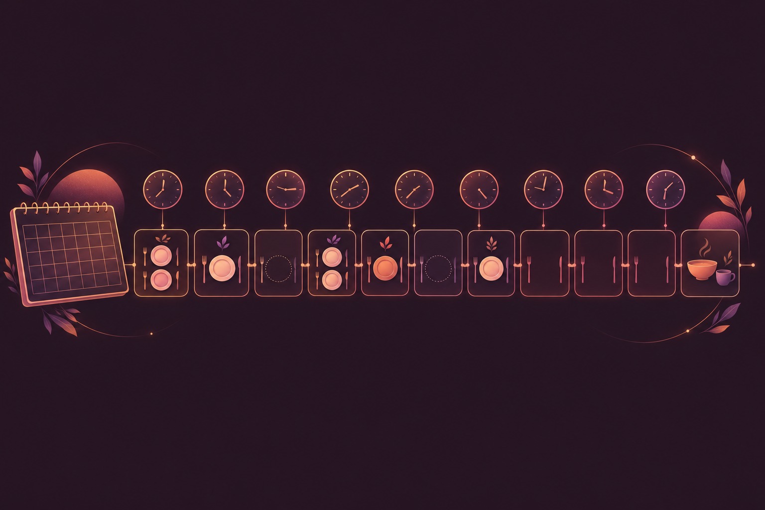 Blank calendar panels and clocks show daily eating windows, alternating fasting days and consecutive restricted days.
