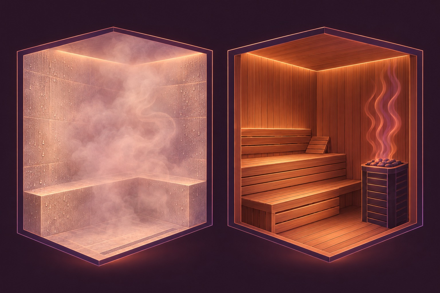 Split view of a misty tiled steam room and a dry wooden sauna with a stone heater.