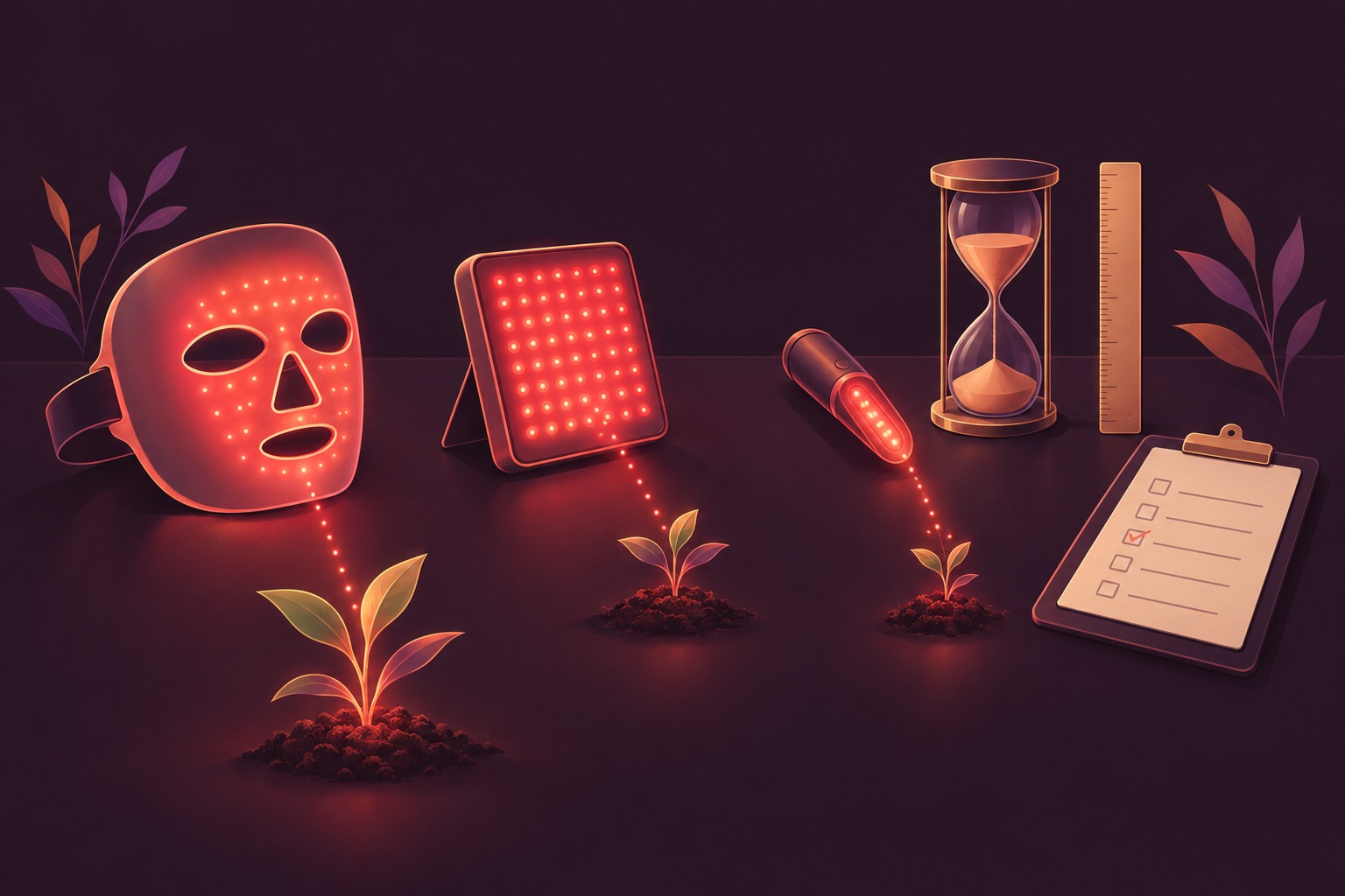 Three red light devices at different distances from seedlings, with a ruler, hourglass and checklist