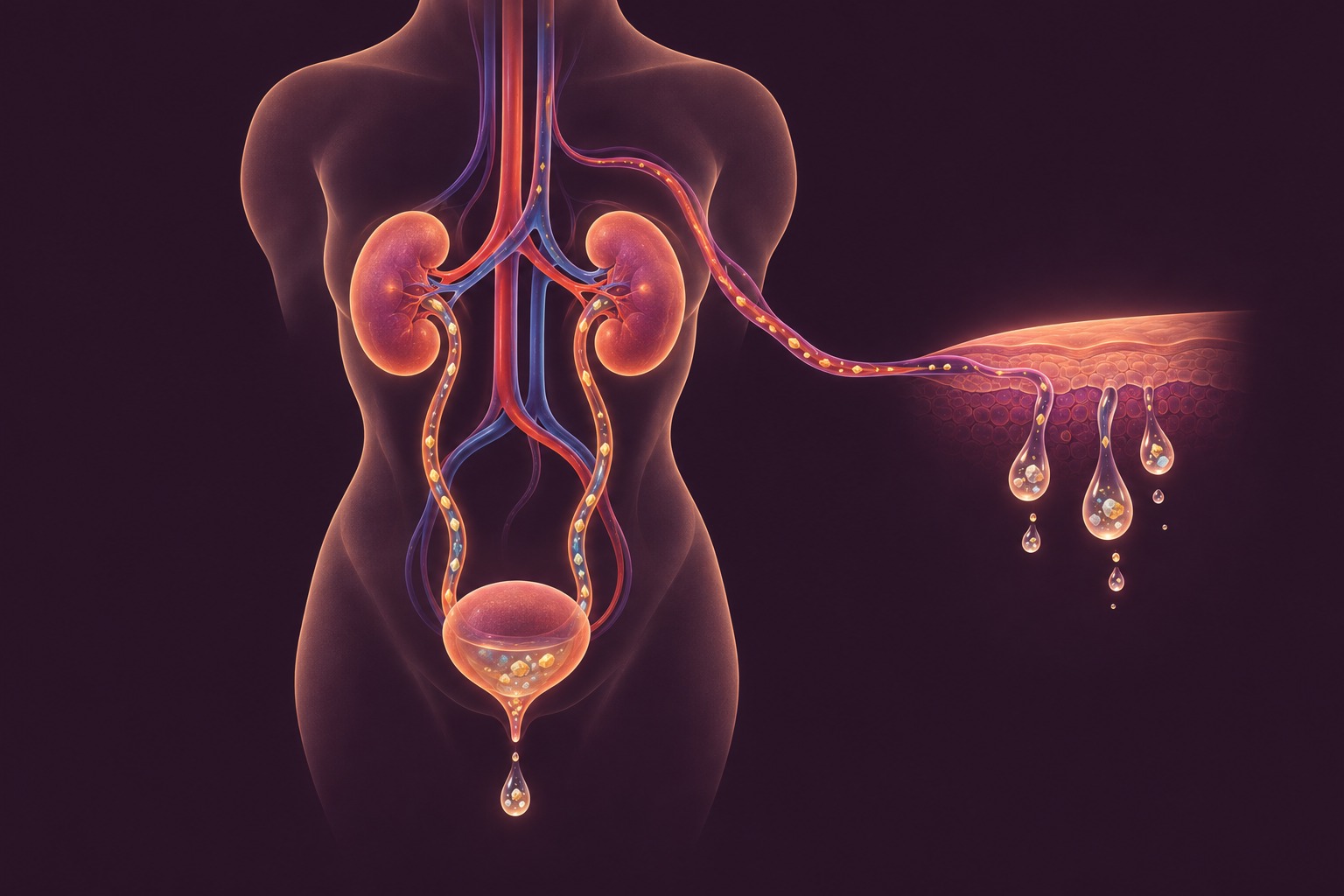 A diagram contrasts waste flowing from blood through the kidneys with a smaller sweat outlet at the skin.