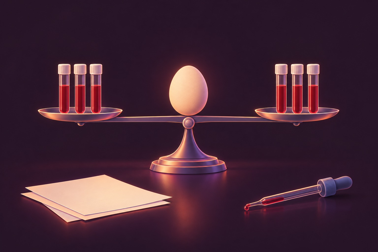 An egg balances between pairs of matching blood-sample tubes.