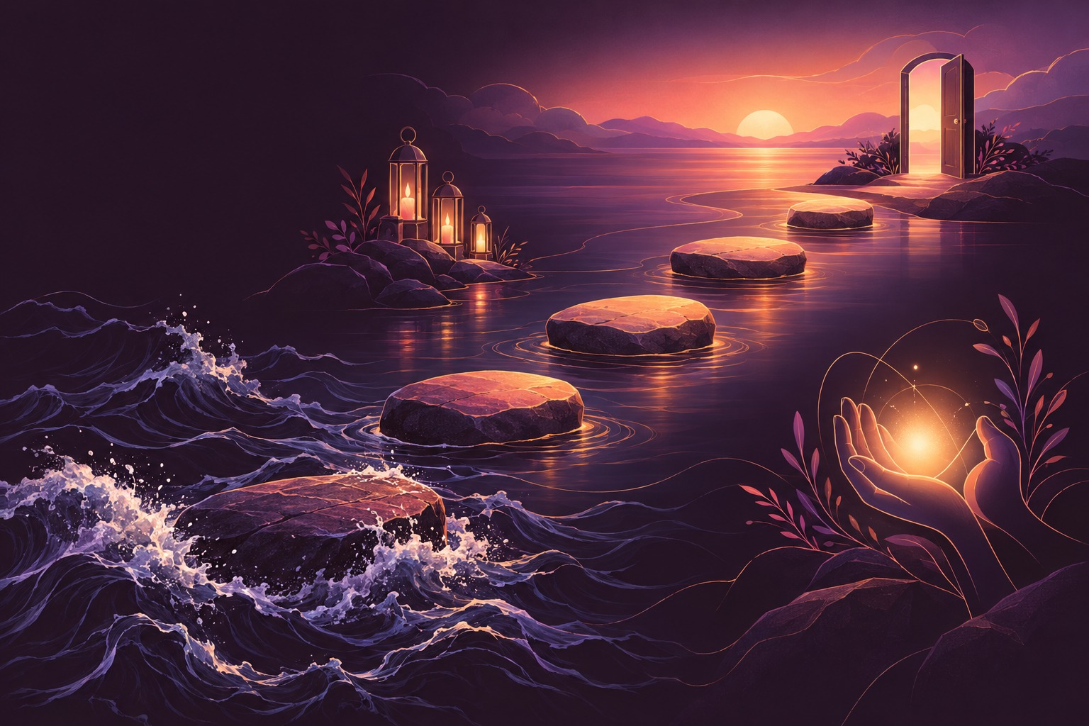 Stepping stones leading from stormy water to a calm, lit doorway, suggesting a sequence for handling hard moments