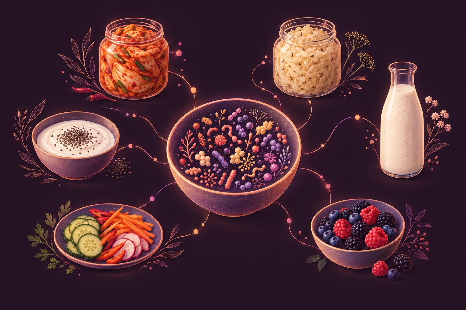 Kimchi, sauerkraut, yogurt with chia seeds, kefir, vegetables, and berries arranged together.