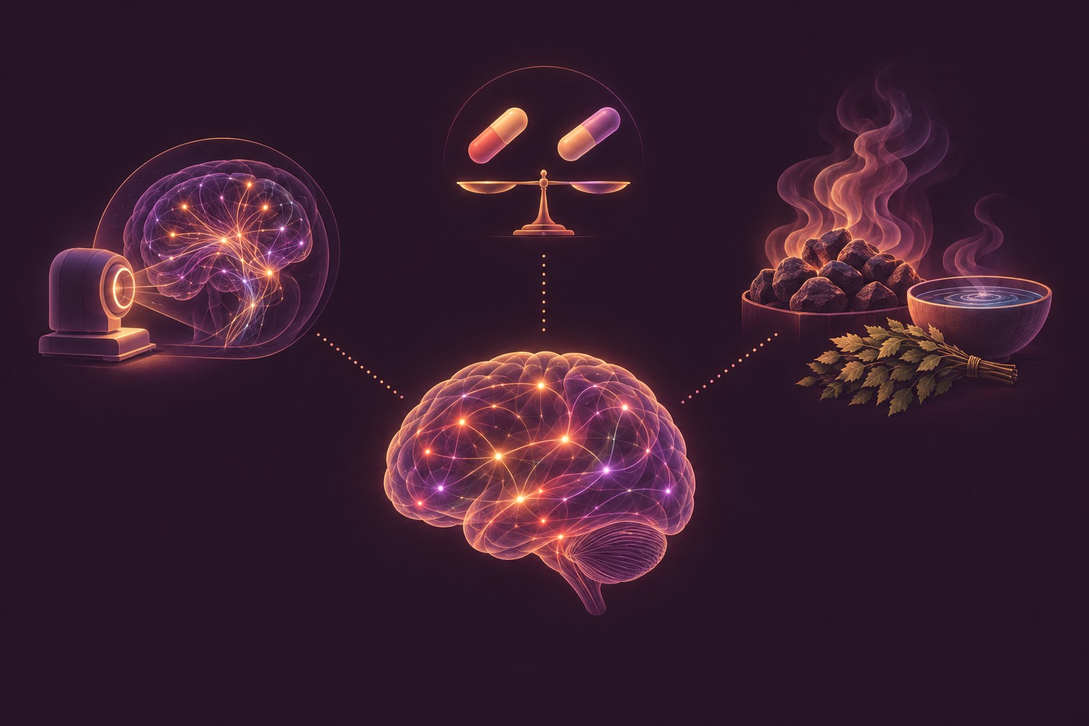 Brain connections, capsules and sauna stones shown in three separate panels around a brain.