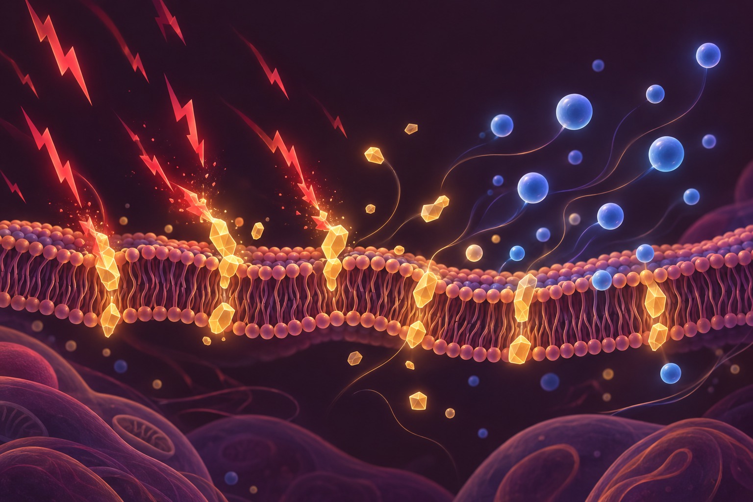 Microscopic visualization of omega-3 molecules interacting with cell membranes to resolve inflammatory signals.