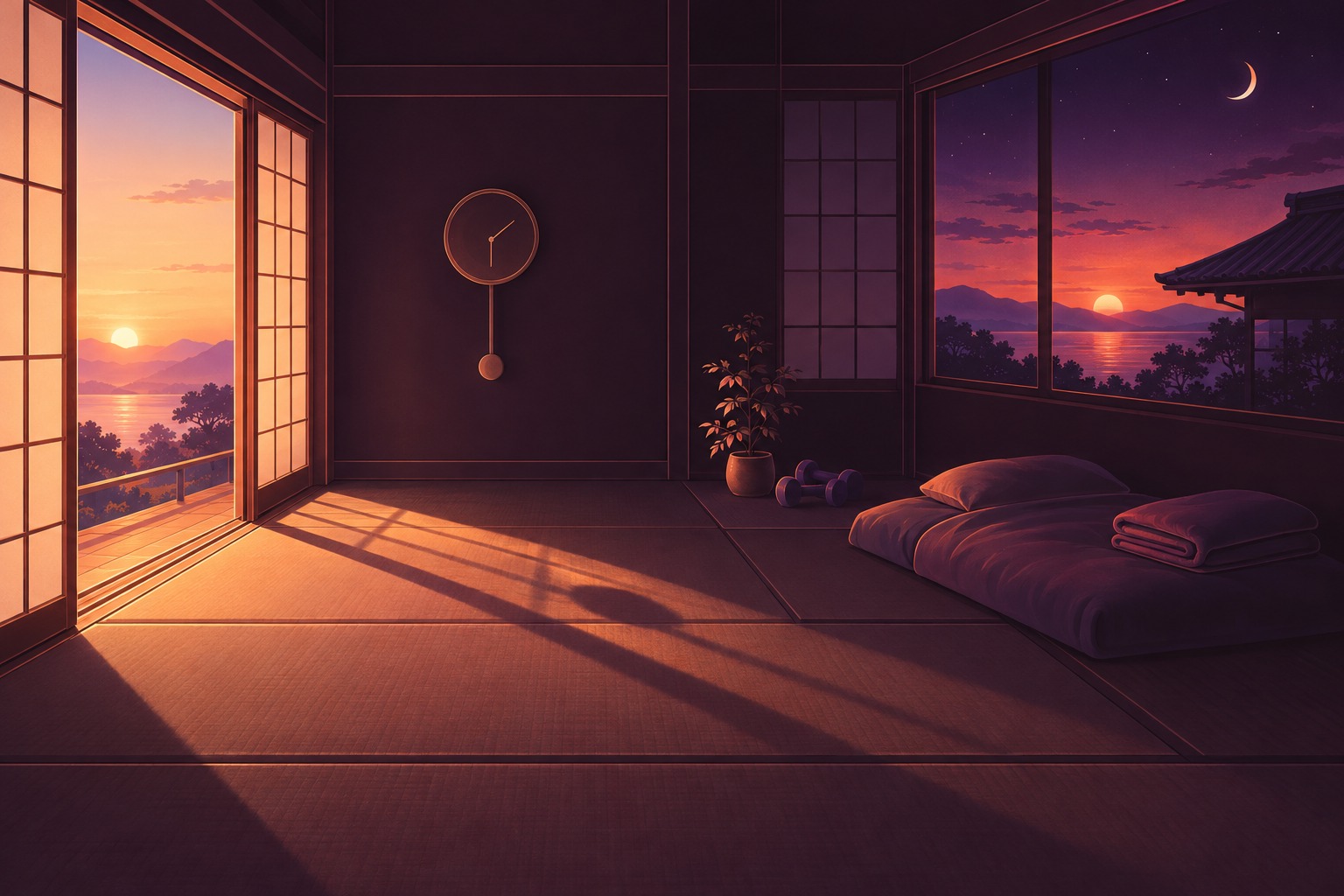 Sunlight and shadows sweep through a Japanese room past a simple clock, futon and exercise weights.